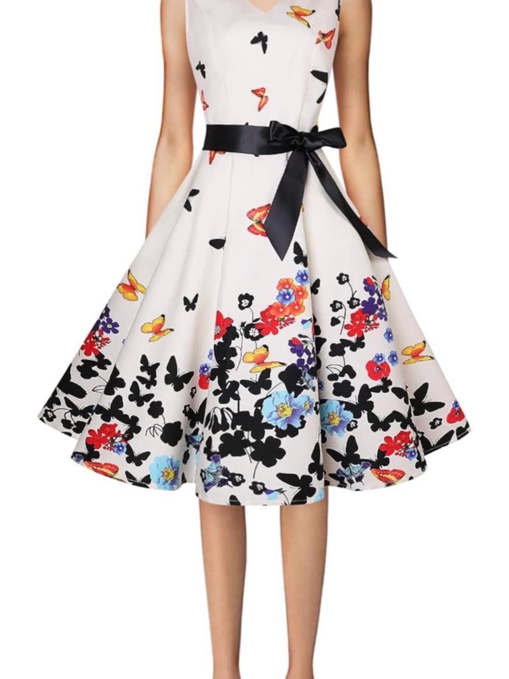 White Floral Fit-and-Flare Dress with Black Bow